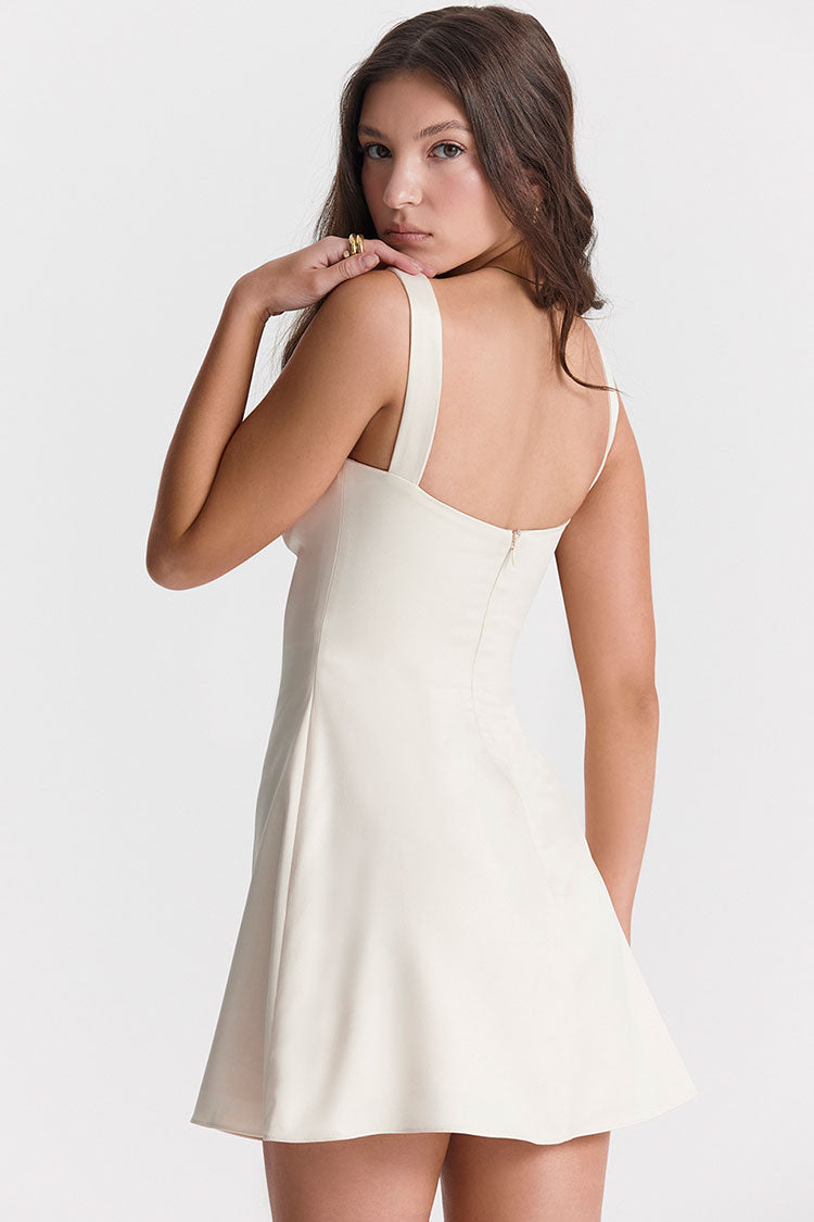 Satin Square Neck Suspender Strap Party Mini Dress - Beige White - View 4