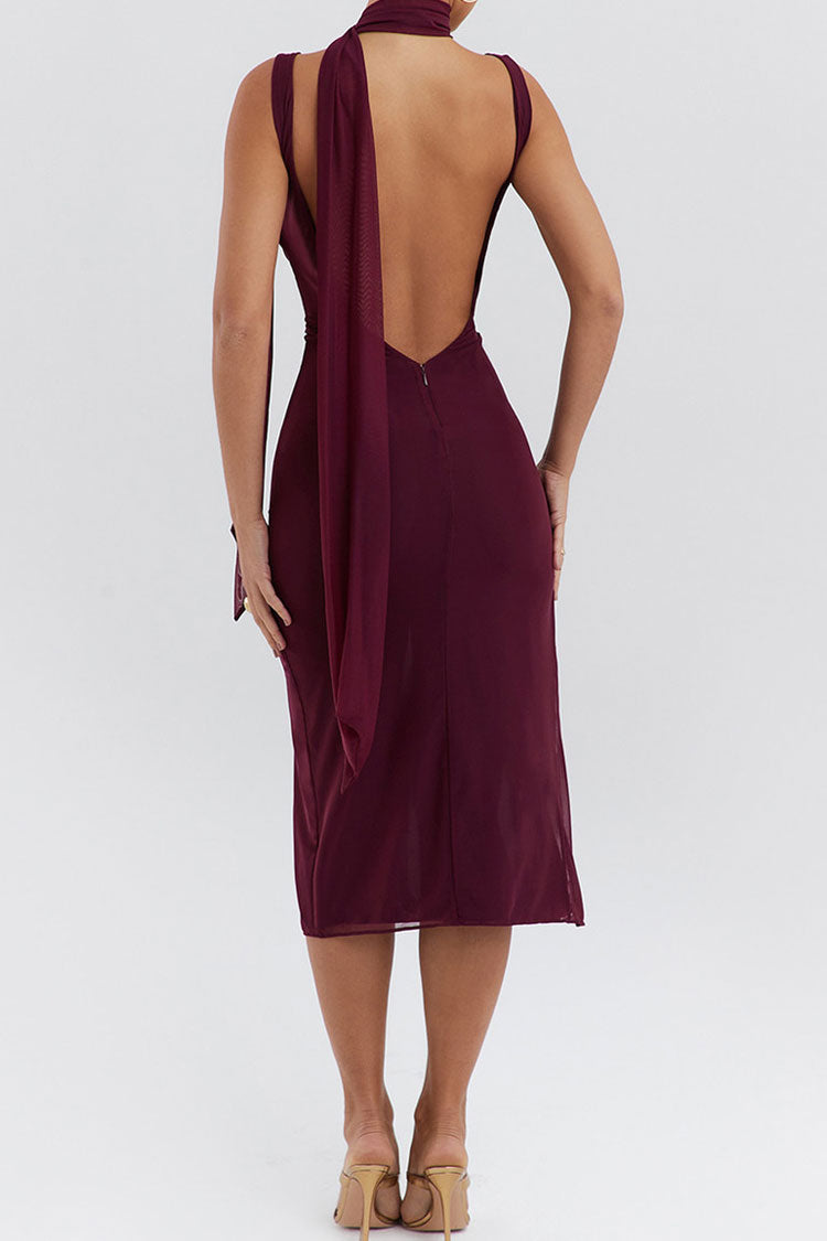 Sexy Scarf Cowl Neck Backless Rosette Ruched Bodycon Mesh Cocktail Midi Dress