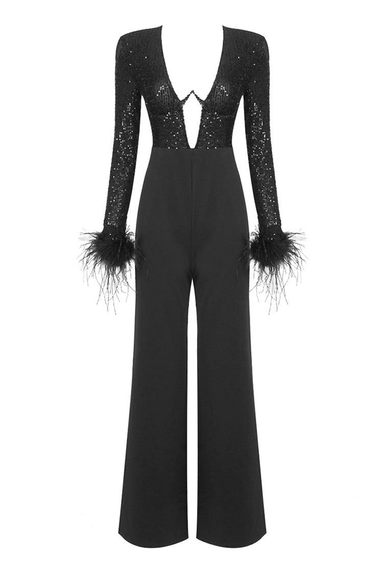 Sexy Sequin V Neck Underwire Feather Trim Long Sleeve Wide Leg Jumpsuit - Fashionpara