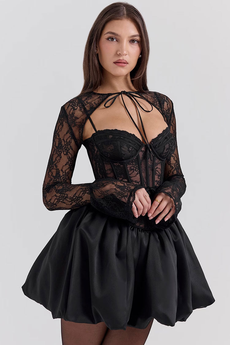 Sexy Sheer Lace Shrug Bustier Corset Satin Spliced Bubble Party Mini Dress