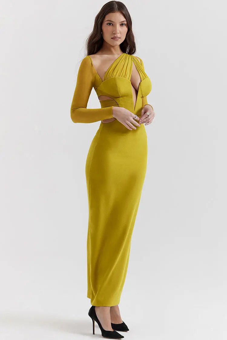 Sexy Sheer Ruched One Shoulder Cutout Bodycon Evening Maxi Dress - Yellow  Fashionpara