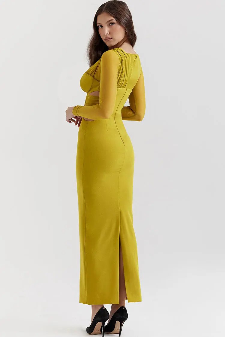 Sexy Sheer Ruched One Shoulder Cutout Bodycon Evening Maxi Dress - Yellow  Fashionpara