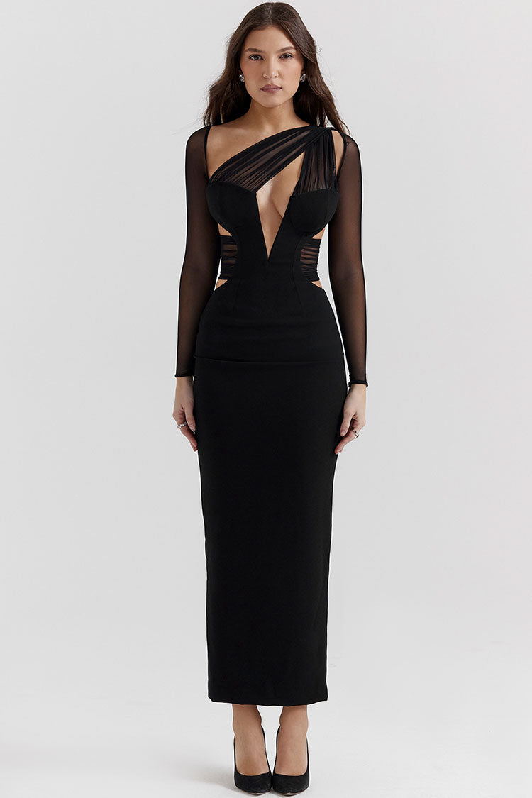 One Shoulder Mesh Long Sleeve Plunge Cut Out Bodycon Maxi Dress