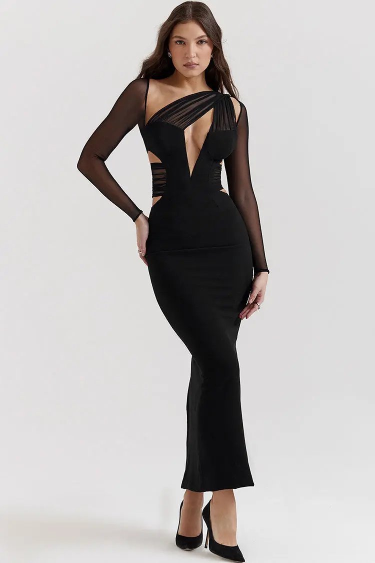 Sexy Sheer Ruched One Shoulder Cutout Bodycon Evening Maxi Dress - Black  Fashionpara