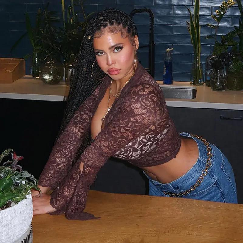 Sexy Sheer Scalloped V Neck Flared Sleeve Lace Crop Top - Brown  Fashionpara