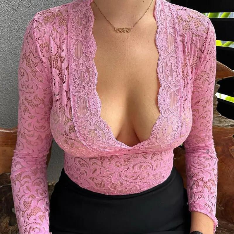 Sexy Sheer Scalloped V Neck Flared Sleeve Lace Crop Top - Pink  Fashionpara