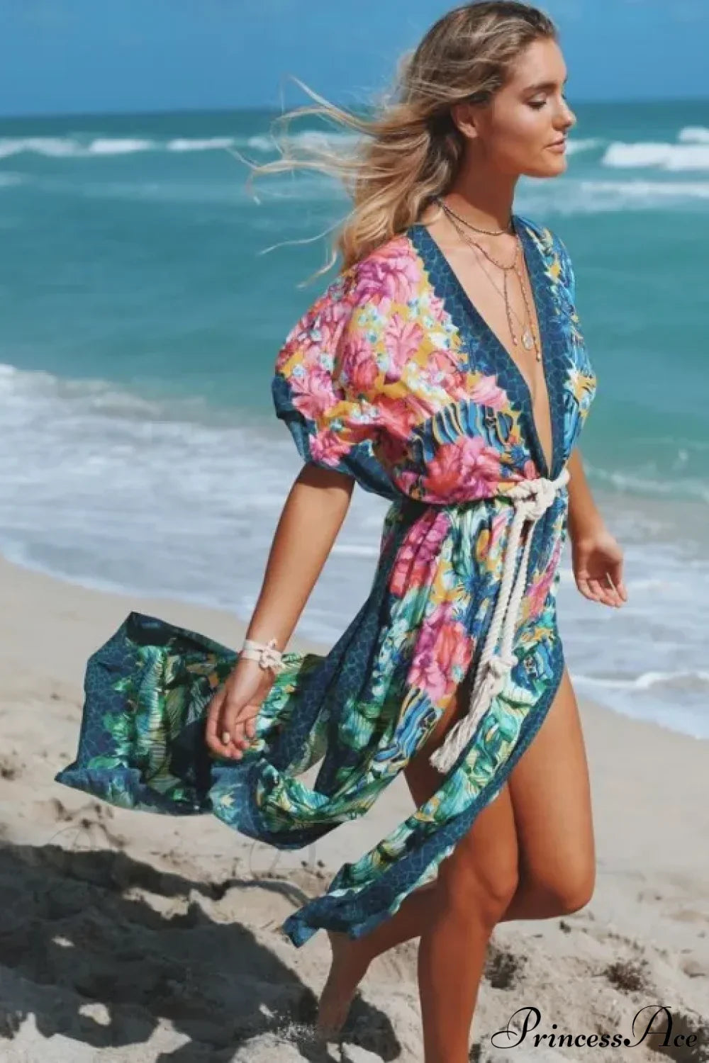 Sexy Side Split Beach Kaftan Tunic Boho Floral Print Summer Dress foral pirnt / One Size bohodress-250126