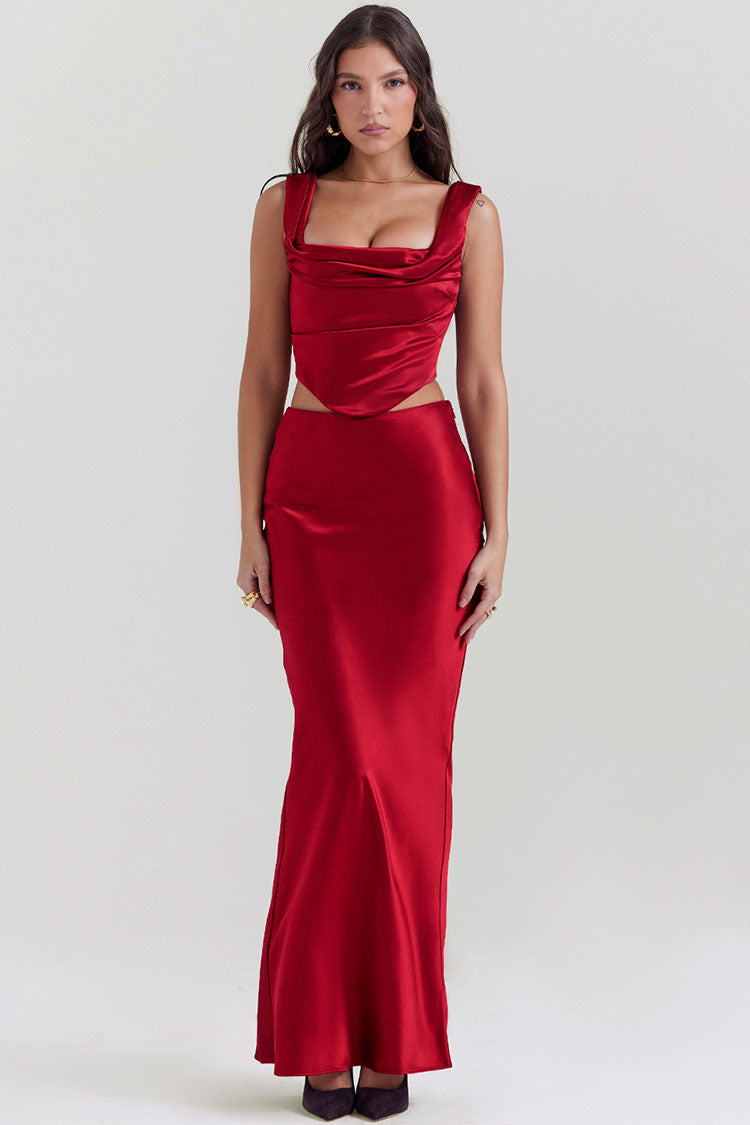Silky Satin Lace Up Backless Crop Corset Maxi Dress - Red - View 4