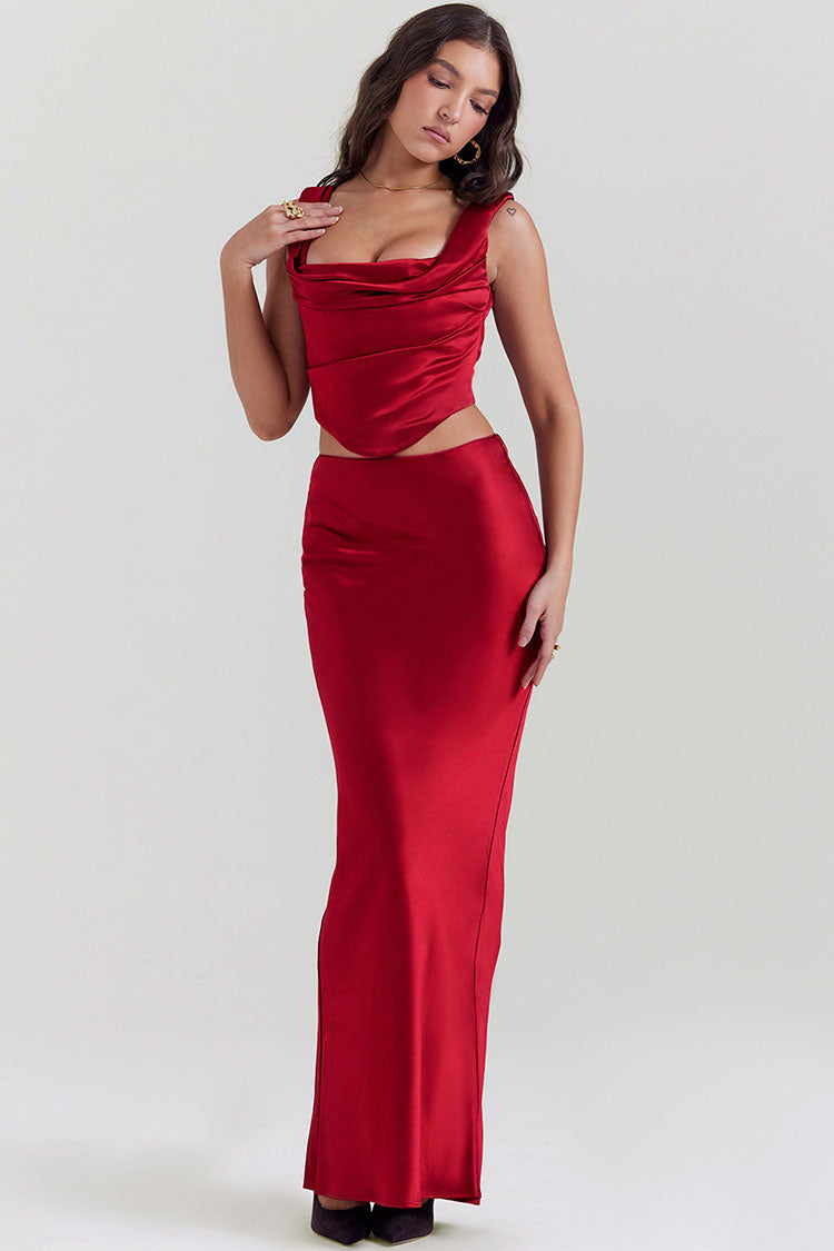 Silky Satin Lace Up Backless Crop Corset Maxi Dress - Red - View 5