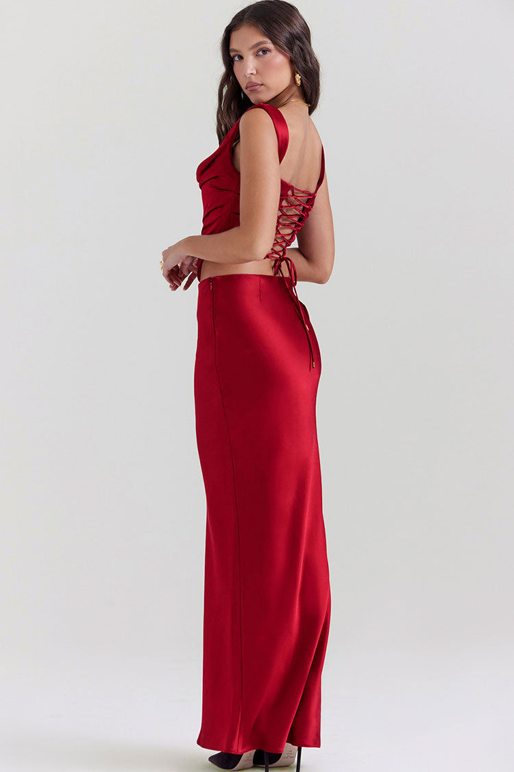 Silky Satin Lace Up Backless Crop Corset Maxi Dress - Red - View 6