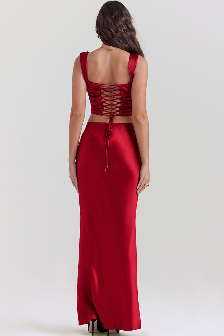Silky Satin Lace Up Backless Crop Corset Maxi Dress - Red - View 7