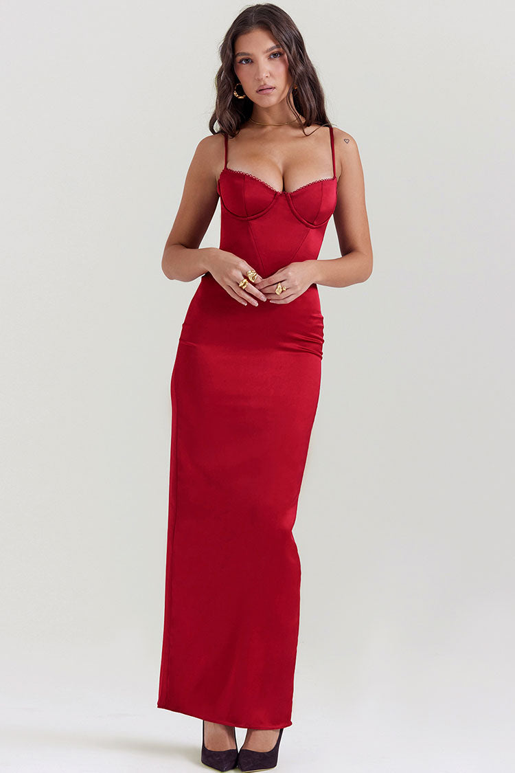 Sexy Silky Satin Sweetheart Spaghetti Strap Split Corset Evening Maxi Dress - Red  Fashionpara