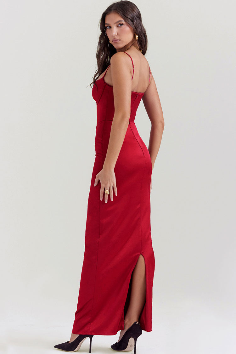 Sexy Silky Satin Sweetheart Spaghetti Strap Split Corset Evening Maxi Dress - Red  Fashionpara