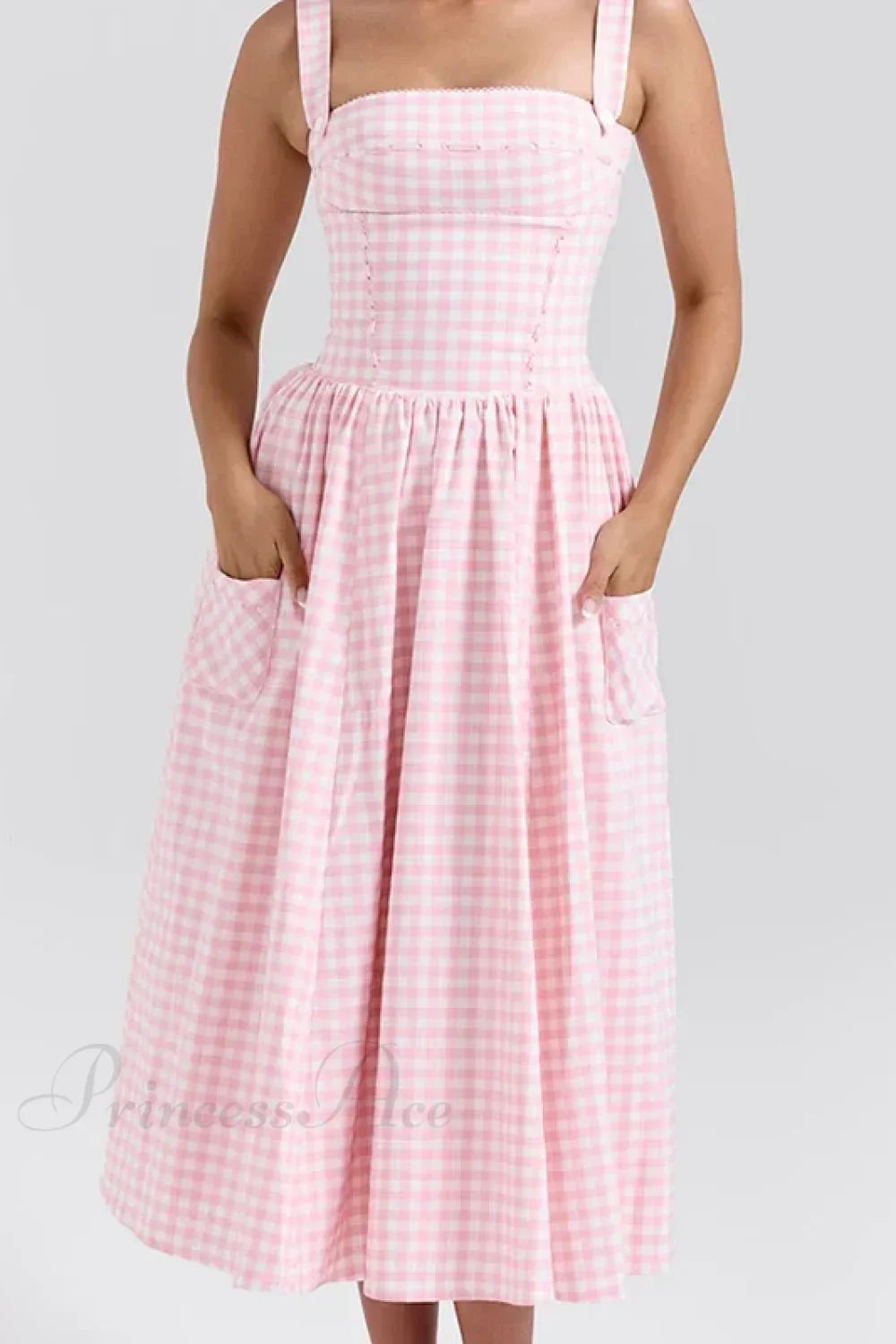 Sexy Sleeveless Plaid Fit and Flare Maxi Dress Pink / S