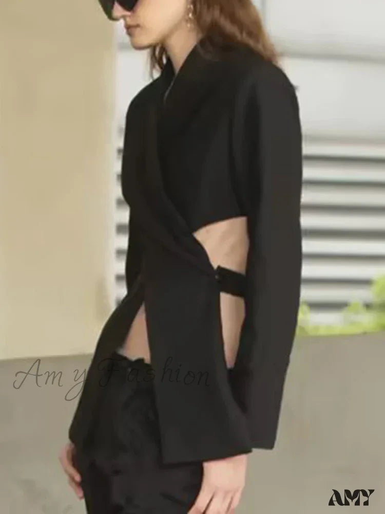 Slimming Hollow Out Notched Collar Long Sleeve Crisscross Casual Front Blazer 3