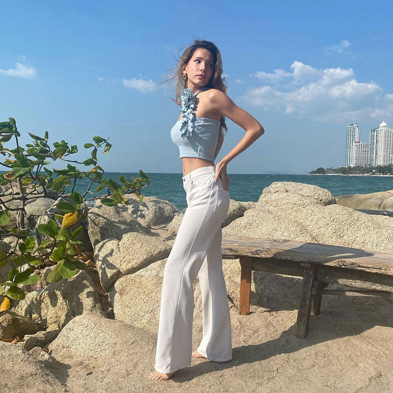 Sexy Solid Color Ribbed 3D Flower Lettuce Detail Crop Top - Baby Blue - Fashionpara