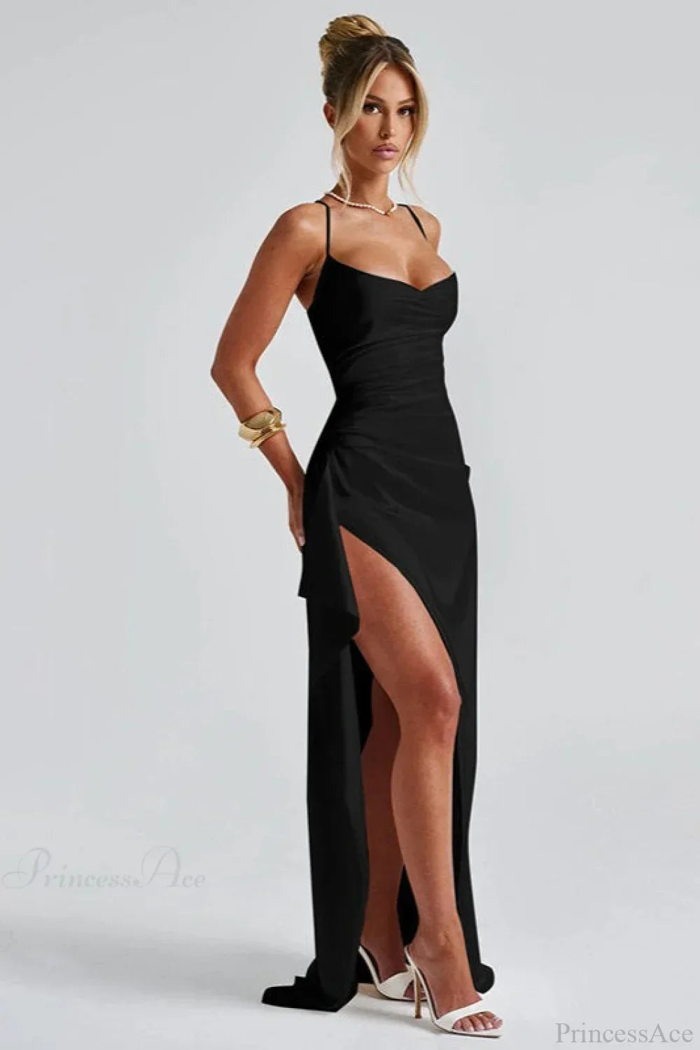 Satin Cowl Neck Ruched Thigh Slit Maxi Dress 5