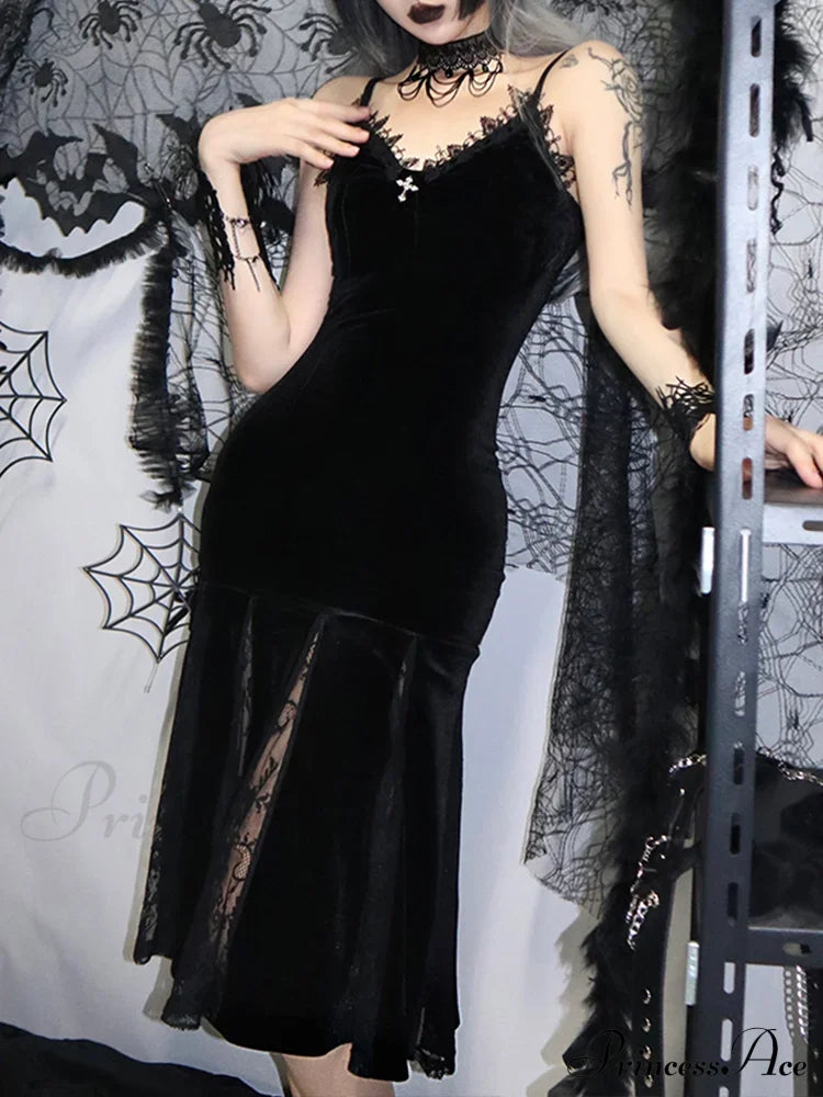 Sexy Spaghetti Strap Backless Velvet Gothic Cross Black Lace Patchwork Maxi Dress