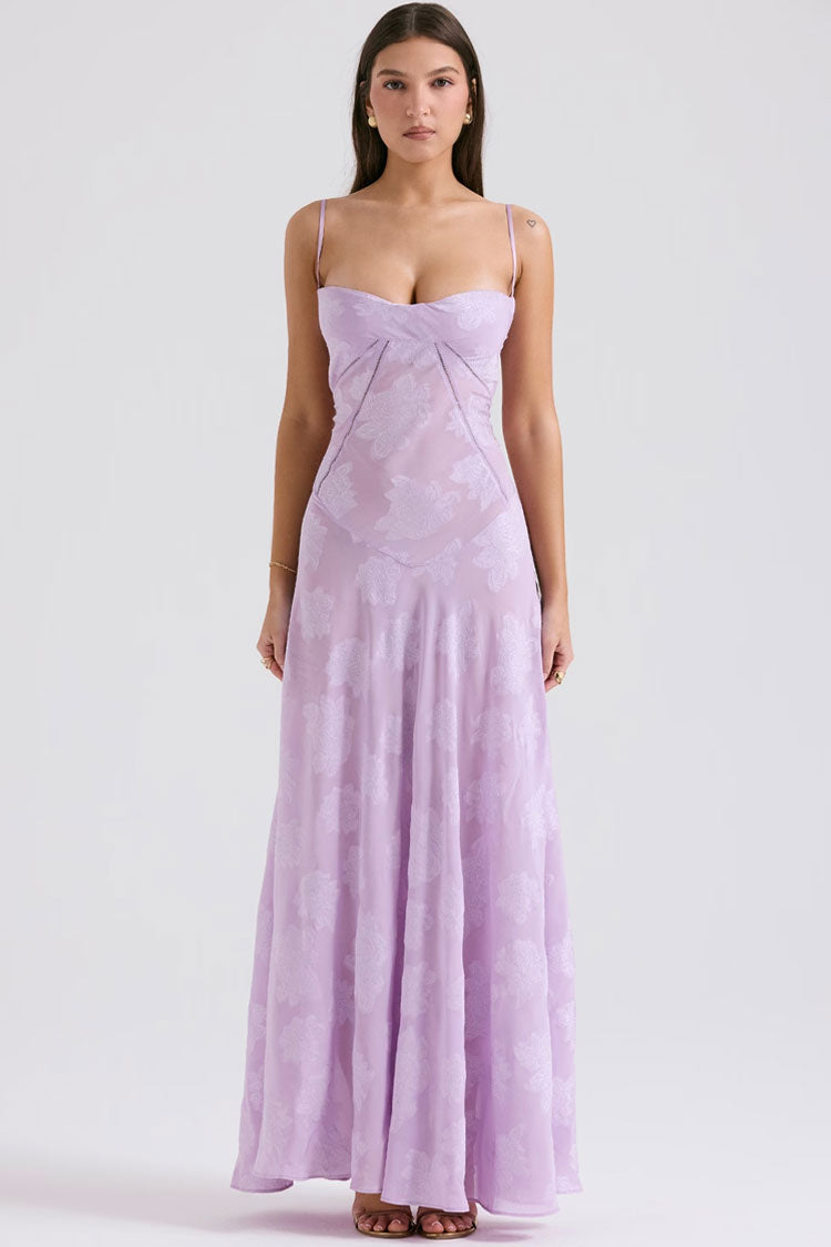 Sexy Spaghetti Strap Lace Up Sheer Jacquard Floral Evening Maxi Slip Dress - Fashionpara