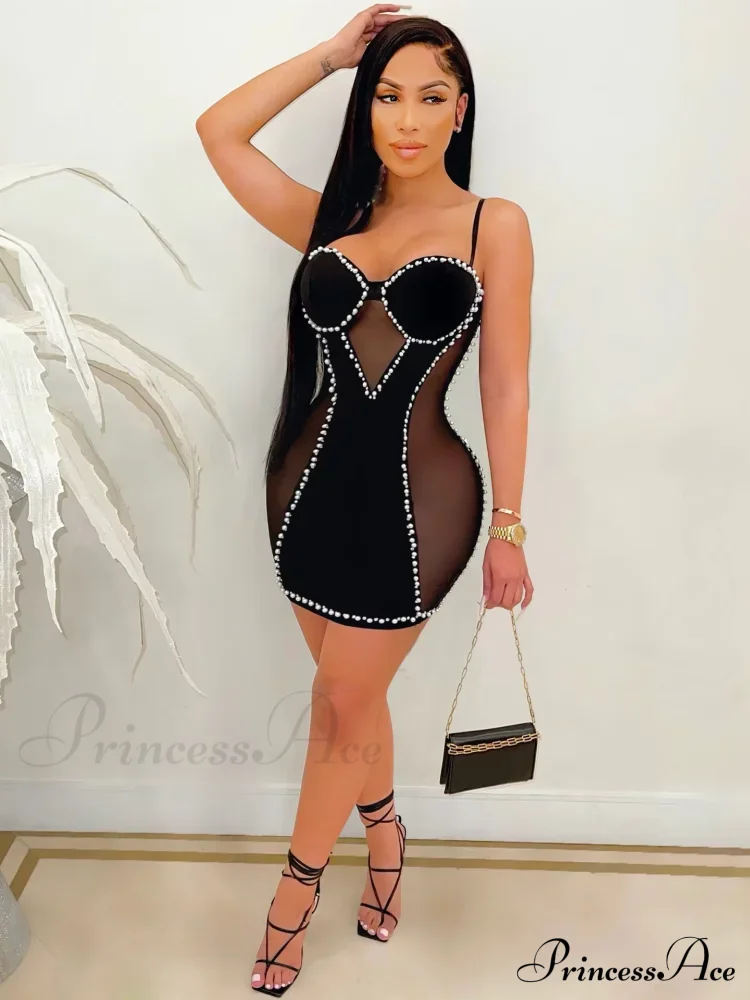 Sexy Spaghetti Strap Mesh Patchwork Pearl Mini Black Sleeveless Christmas Party Dress