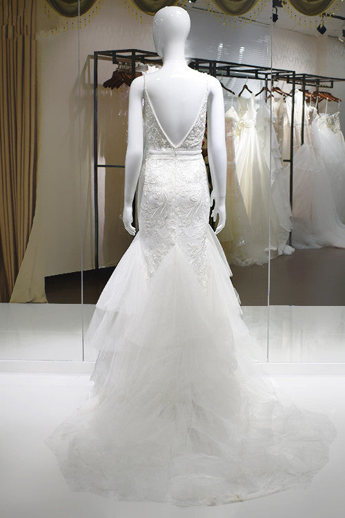 Sexy Spaghetti-Straps Tulle Wedding Dress V-Neck Sleeveless Appliques Beading Bridal Gowns On Sale - Fashionpara