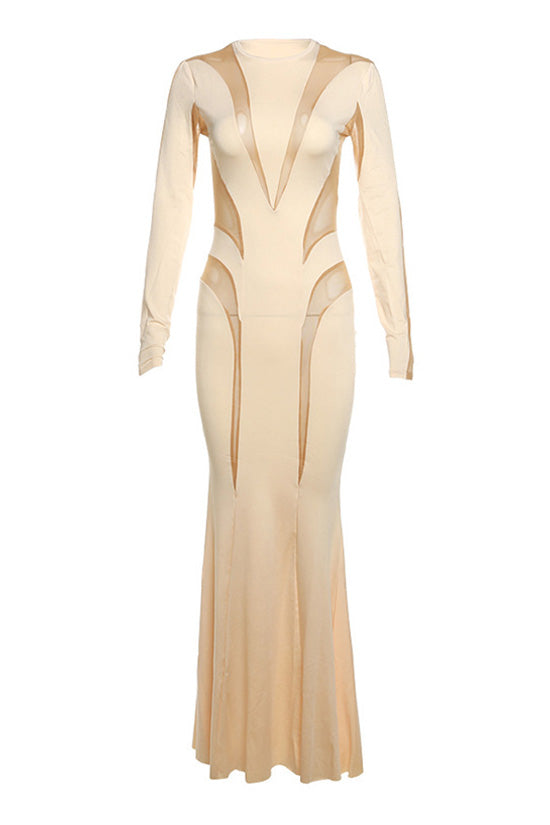 Sexy Spiral Mesh Panel Crew Neck Long Sleeve Fishtail Evening Maxi Dress - Fashionpara