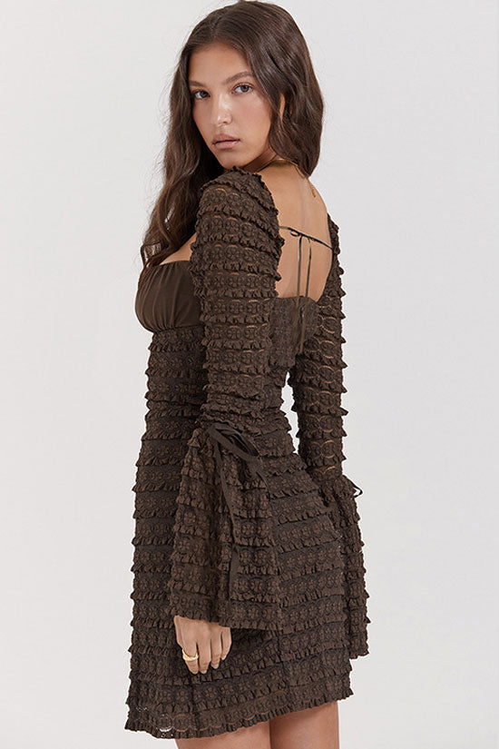 Sexy Square Neck Flared Sleeve Tiered Ruffle Lace Bodycon Party Mini Dress - Coffee - Fashionpara