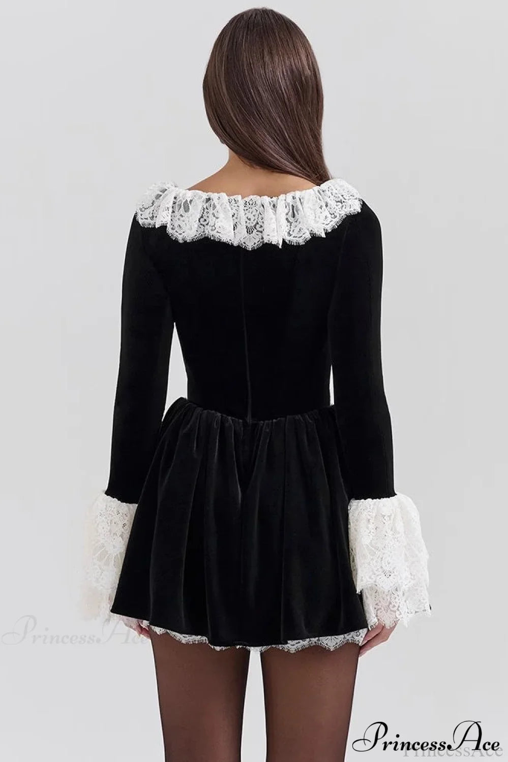 Sexy Square Neck Lace Trim Flared Sleeve Mini Dress