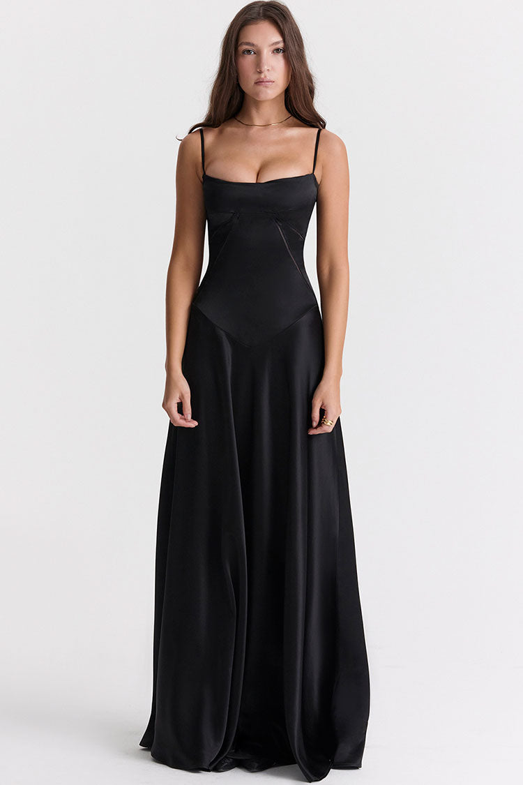 Square Neck Pintuck Trim Lace Up Back Slip Maxi Dress - Black