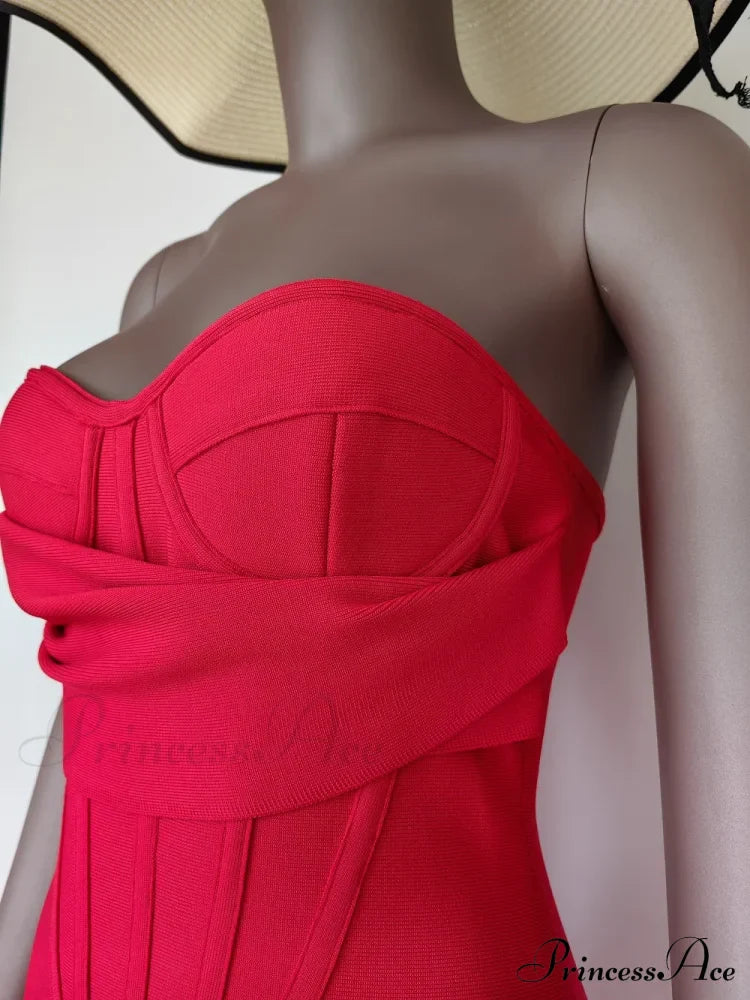 Sexy Strapless Backless Split Bustier Red Christmas Party Dress