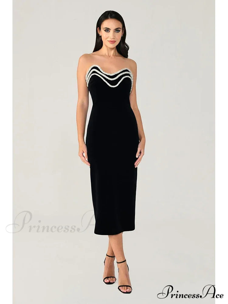 Sexy Strapless Diamonds Chain Bandage Black Sleeveless Backless Christmas Party Dress