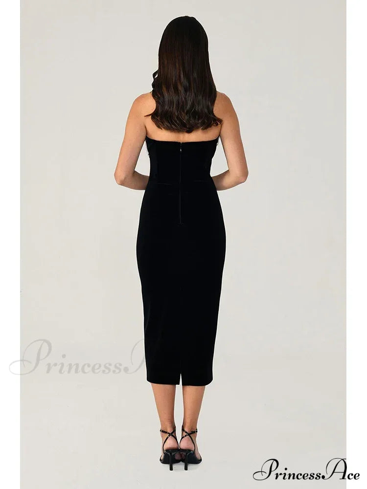 Sexy Strapless Diamonds Chain Bandage Black Sleeveless Backless Christmas Party Dress