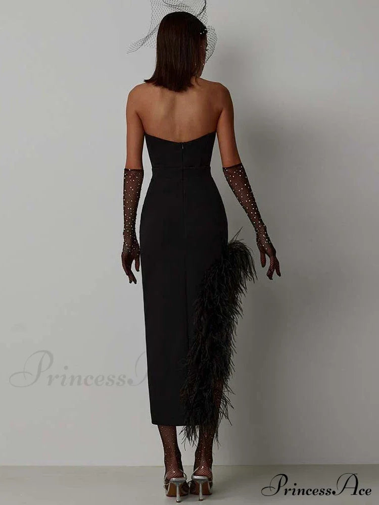 Sexy Strapless Feathers Midi Bandage Black White Backless Christmas Party Dress