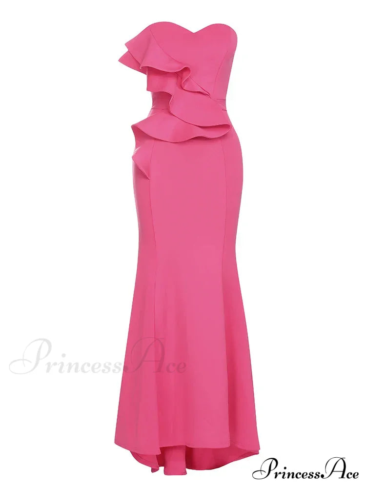 Sexy Strapless Ruffle Edge Design Rose Red Sleeveless Backless Christmas Party Dress