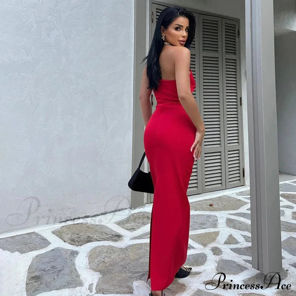 Sexy Strapless Slim Hollow Out Maxi Red Christmas Party Dress