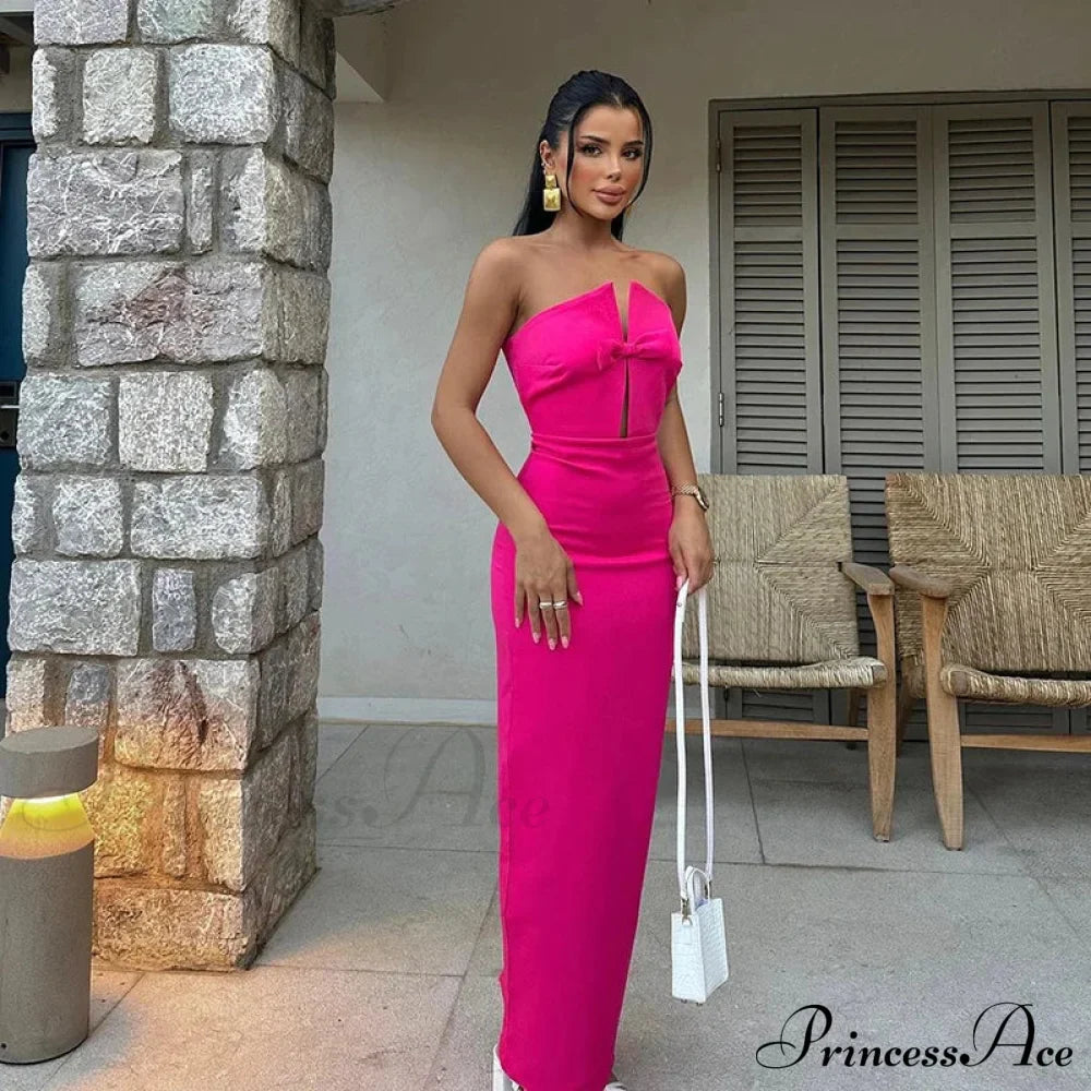 Sexy Strapless Slim Hollow Out Maxi Red Christmas Party Dress Rose / S Dresses-L