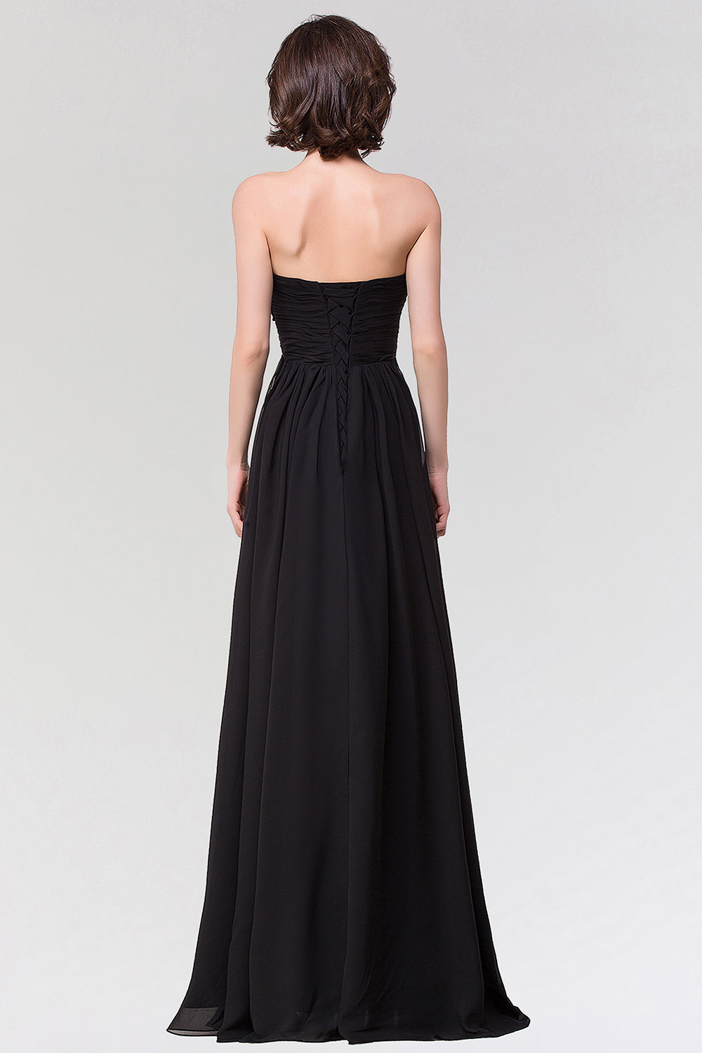 Sexy Strapless Sweetheart Long Black Chiffon Bridesmaid Dresses with Ruffles - Fashionpara