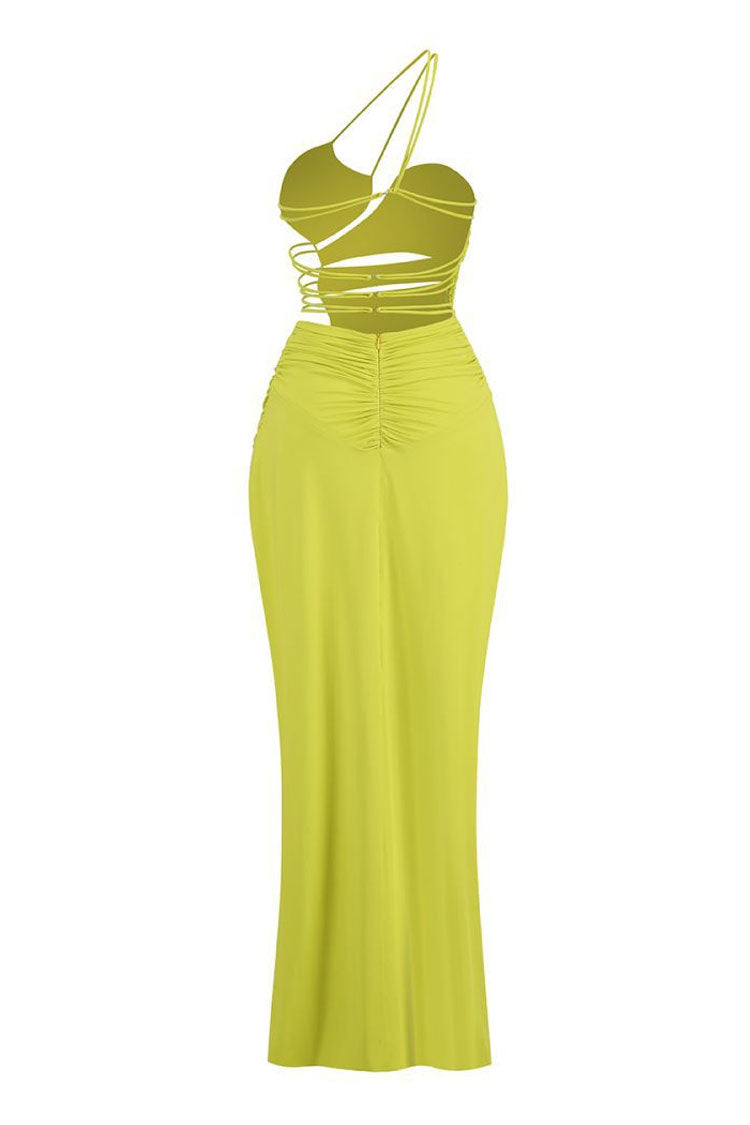 Sexy Strappy One Shoulder Ruched Cutout Backless Split Maxi Evening Dress - Fashionpara