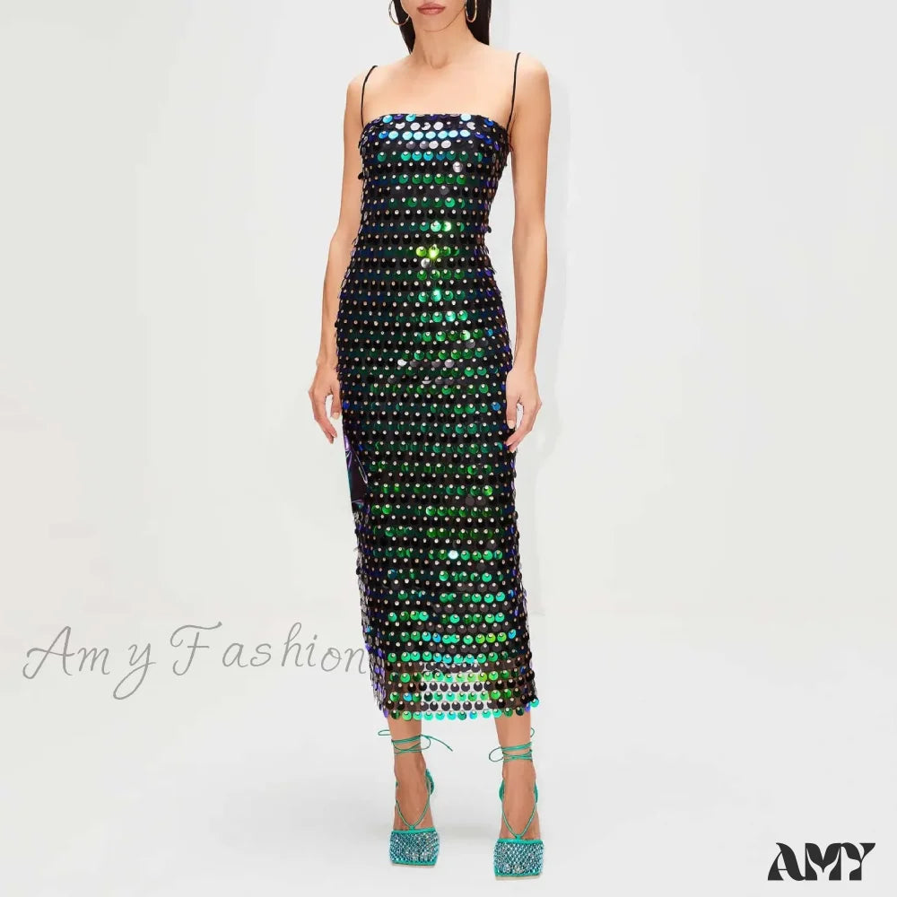 Sequin Straight Neck Spaghetti Strap Bodycon Midi Dress 4