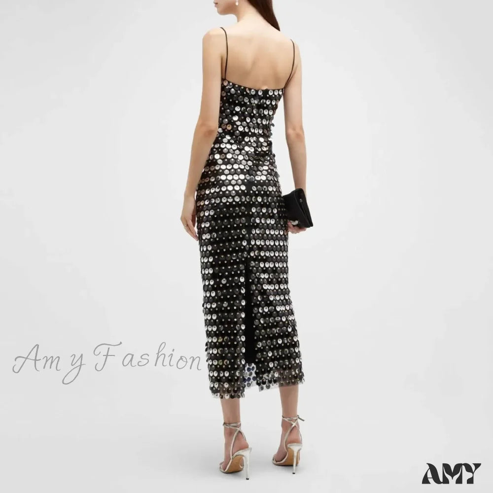 Sequin Straight Neck Spaghetti Strap Bodycon Midi Dress 2