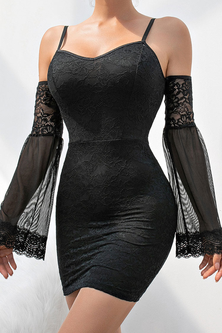 Sexy Sweetheart Bell Sleeve Cold Shoulder Lace Party Mini Dress - Black - Fashionpara