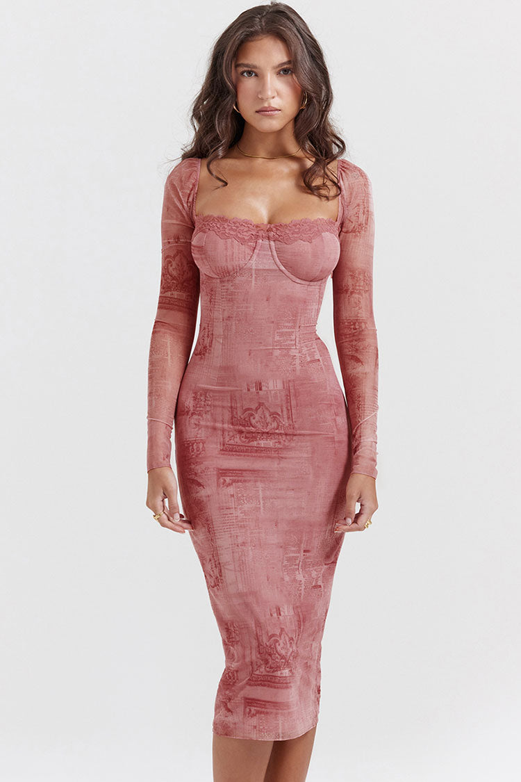Sweetheart Neck Long Sleeve Lace Trim Bodycon Midi Dress