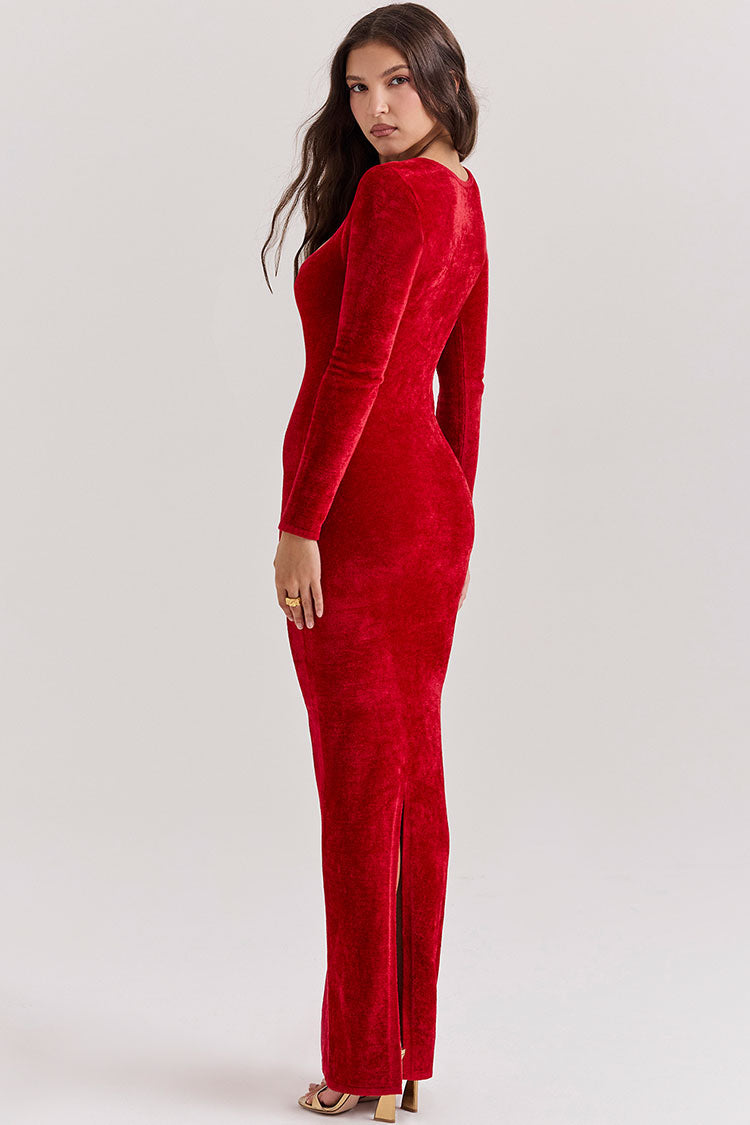Sexy Sweetheart Neck Long Sleeve Velvet Bodycon Maxi Evening Dress - Red - Fashionpara