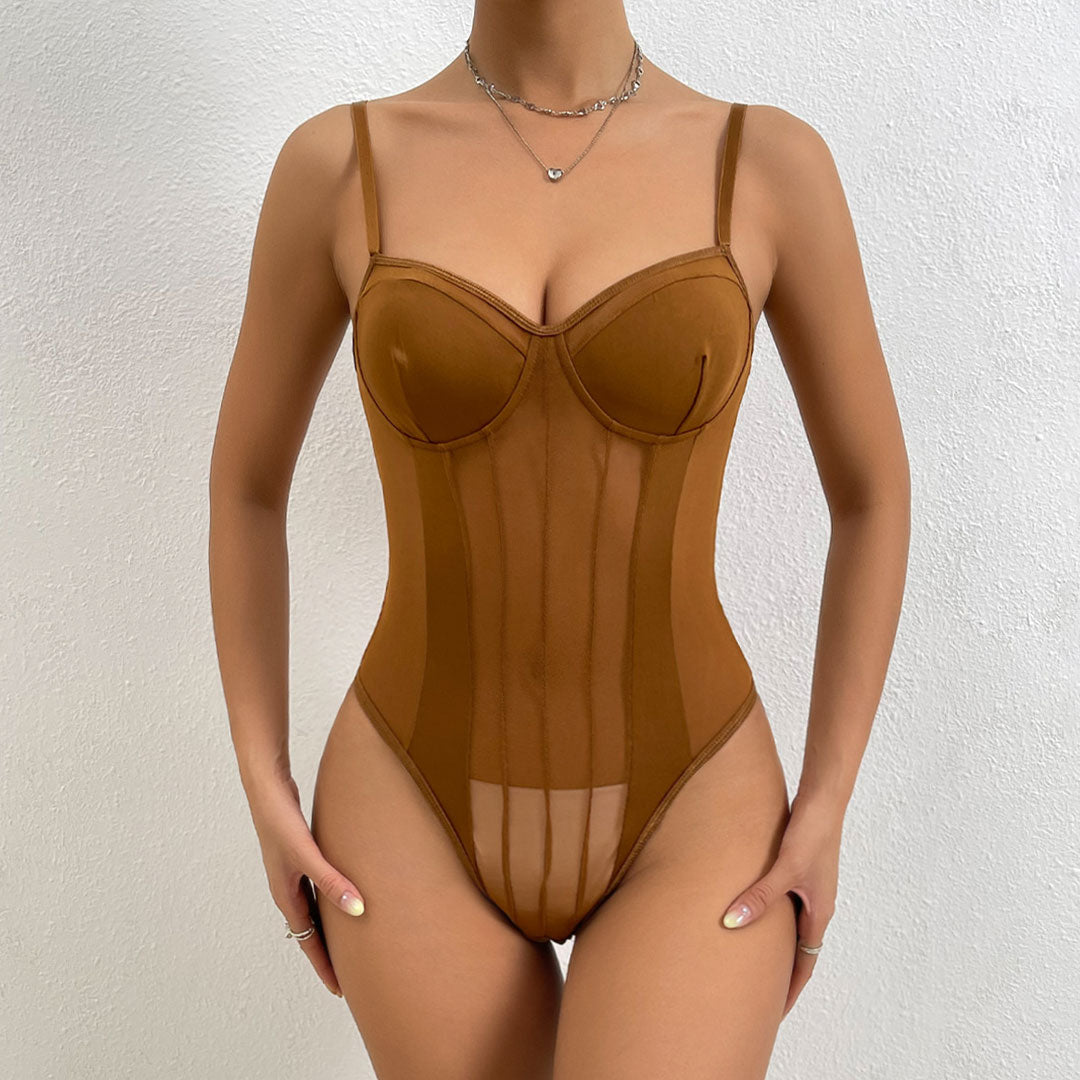 Vertical Striped High Leg Bodysuit - Coffee