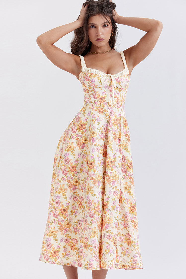 Sexy Tie Neck High Split Floral Printed Summer Midi Sundress - Beige  Fashionpara