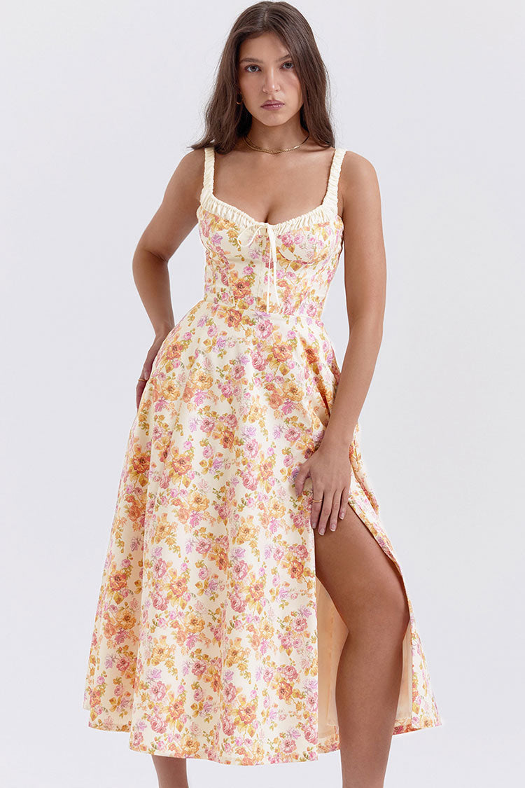 Sexy Tie Neck High Split Floral Printed Summer Midi Sundress - Beige  Fashionpara