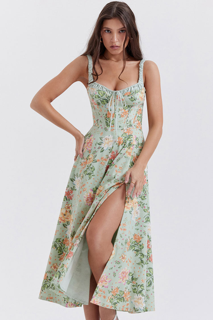Sexy Tie Neck High Split Floral Printed Summer Midi Sundress - Green  Fashionpara