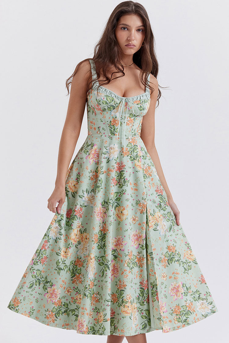 Sexy Tie Neck High Split Floral Printed Summer Midi Sundress - Green  Fashionpara