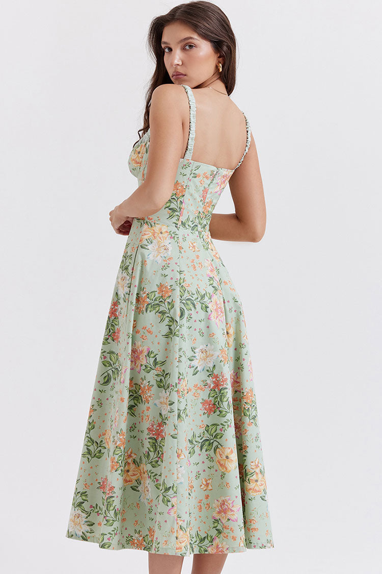 Sexy Tie Neck High Split Floral Printed Summer Midi Sundress - Green  Fashionpara