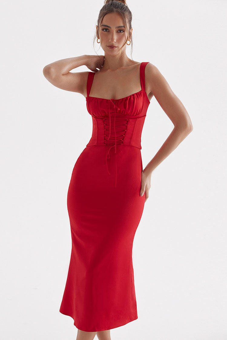 Satin Square Neck Lace Up Corset Ruched Bodycon Midi Dress